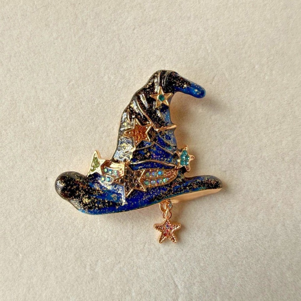 Celestial Witch Hat Brooch Pin Black Blue Gold Glitter Star Rhinestone Halloween